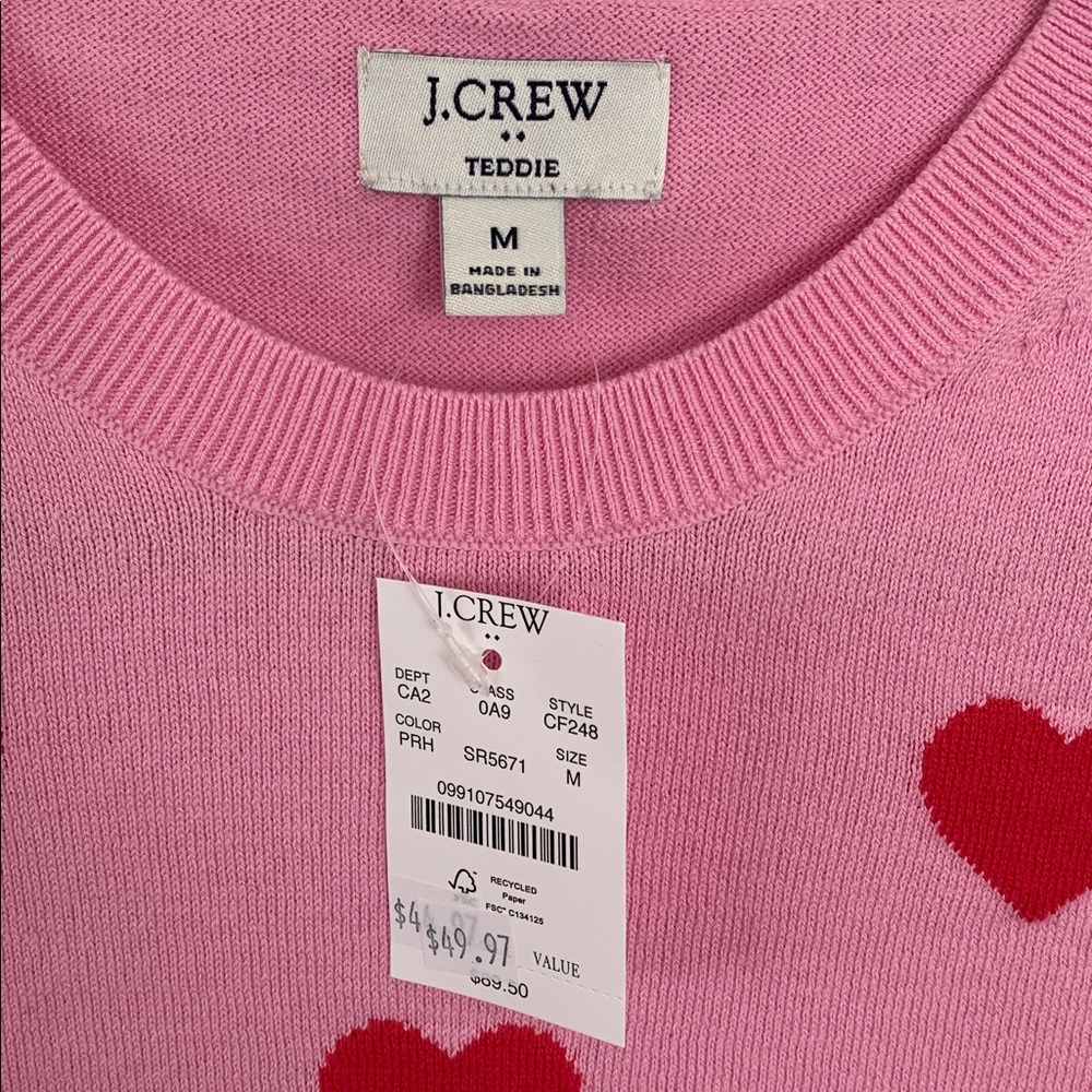 J. Crew Teddie Sweater Pink with Red Hearts Medium - Picture 2 of 4